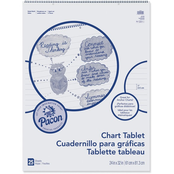 Pacon Ruled Chart Tablet - 25 Sheets - Spiral Bound - Ruled - 1" Ruled - 24" x 32" - White Paper - Stiff Cover - Sturdy Back, Recyclable, Dual Sided - 1 Each