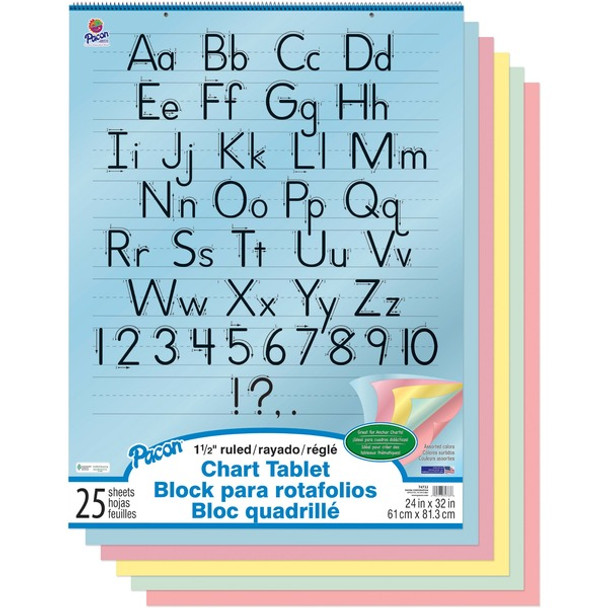 Pacon Colored Paper Chart Tablet - 25 Sheets - 1.50" Ruled - 24" x 32" - 24" x 32" - Assorted Paper - Punched, Spiral Bound - 1 Each