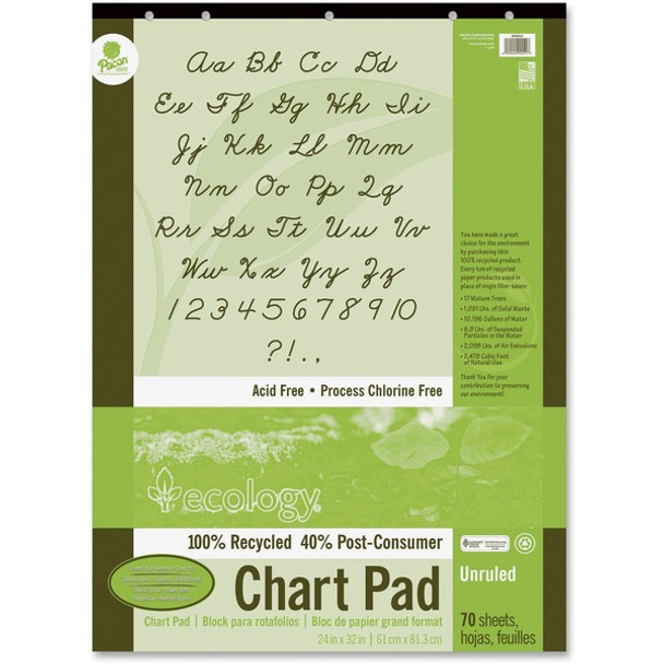 Decorol Recycled Chart Pad - 70 Sheets - Plain - Strip - Unruled - 24" x 32" - White Paper - Eco-friendly, Acid-free, Padded, Tab, Chipboard Backing, Hole-punched, Chlorine-free, Recyclable, Cursive Alphabet, Unperforated - Recycled - 1 Each