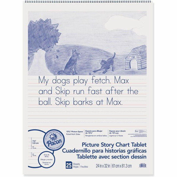 Pacon Ruled Picture Story Chart Tablet - 25 Sheets - Spiral Bound - Both Side Ruling Surface - Ruled - 1.50" Ruled - 13.63" Picture Story Space - 24" x 32" - White Paper - Punched - 1 Each