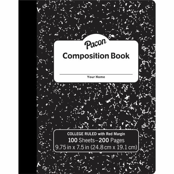 Pacon Composition Book - 100 Sheets - 200 Pages - College Ruled - 0.28" Ruled - 9.75" x 7.5" x 0.1" - White Paper - Black Marble Cover - Durable, Hard Cover - 1 Each