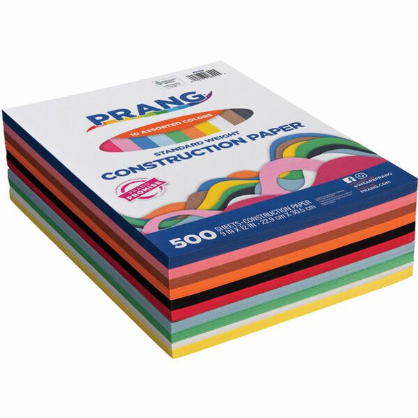 Prang Construction Paper - Art Project, Craft Project, Fun and Learning, Cutting, Pasting - 9"Width x 12"Length - 45 lb Basis Weight - 500 / Pack - Assorted