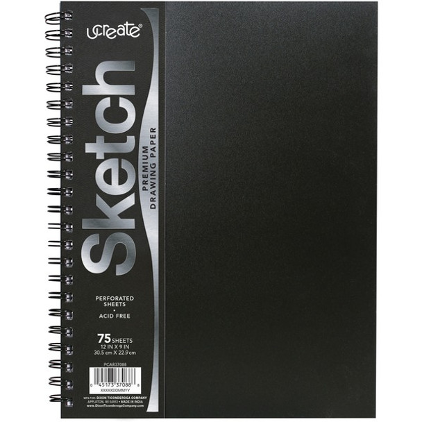 UCreate Poly Cover Sketch Book - 75 Sheets - Spiral - 70 lb Basis Weight - 12" x 9" - 12" x 9" - BlackPolyurethane Cover - Heavyweight, Acid-free Paper, Durable Cover, Perforated - 1 Each