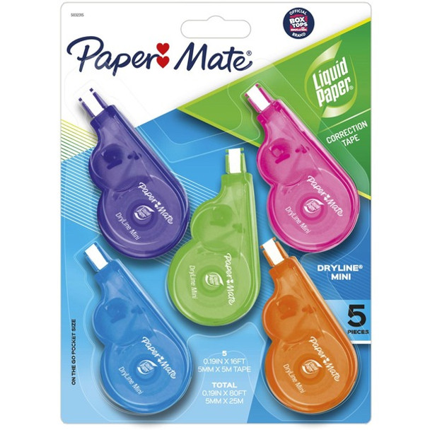 Paper Mate Dryline Mini Grip Correction Tape - 0.20" Width x 16.42 ft Length - White Tape - Ergonomic Assorted Dispenser - 5 / Pack - Assorted