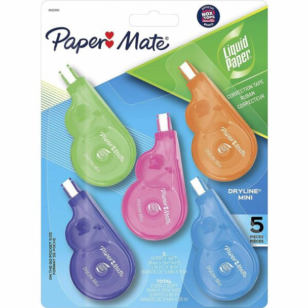 Paper Mate Dryline Mini Grip Correction Tape - 0.20" Width x 16.40 ft Length - White TapeAssorted Dispenser - Break Resistant, Mess-free - 5 / Pack - White