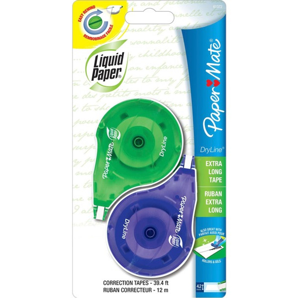 Paper Mate Liquid Paper DryLine Correction Tape - 0.20" Width x 39.33 ft Length - 1 Line(s) - White TapeBlue Dispenser - Non-refillable, Tear Resistant, Break Resistant - 2 / Pack - Blue