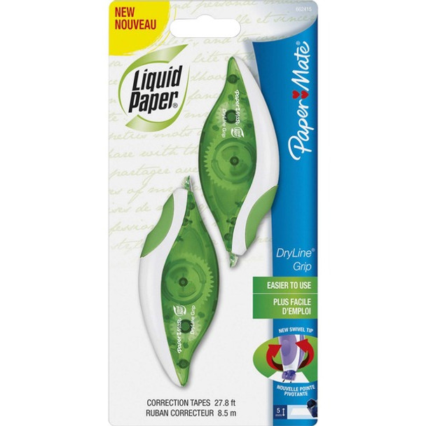 Paper Mate Dryline Grip Correction Tape - 0.20" Width x 27.92 ft Length - 1 Line(s) - White Tape - Pen Style - Non-refillable, Tear Resistant, Break Resistant - 12 / Bag