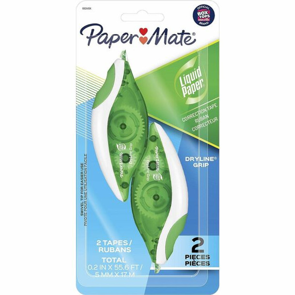 Paper Mate DryLine Grip Correction Tape - 0.20" Width x 27.80 ft LengthGreen, White, Transparent Dispenser - Smooth, Mess-free, Swivel Tip, Ergonomic, Tear Resistant - 2 / Pack - White