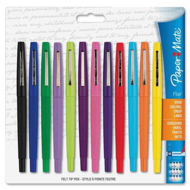 Paper Mate Flair Felt Tip Pens - Medium Pen Point - 1.1 mm Pen Point Size - Assorted - Assorted Barrel - Nylon Tip - 12 / Set