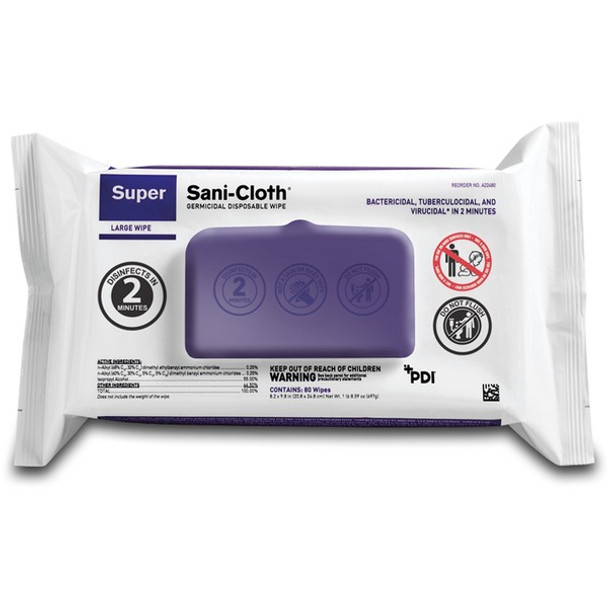PDI HC Super Sani-Cloth Germicidal Disposable Wipe - Ready-To-Use - 6.75" Length x 6" Width - 80 / Canister - 1 Each - White