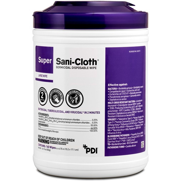 PDI Super Sani-Cloth Germicidal Disposable Wipe - 6.75" Length x 6" Width - 160 / Canister - 1 Each