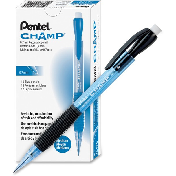 Pentel Champ Mechanical Pencils - #2 Lead - 0.7 mm Lead Diameter - Refillable - Blue Barrel - 1 Dozen