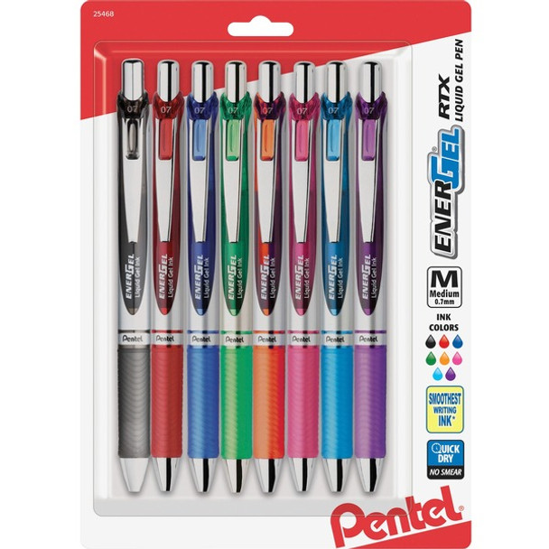 Pentel Liquid Steel Tip Gel Pens - Medium Pen Point - 0.7 mm Pen Point Size - Refillable - Retractable - Assorted Gel-based Ink - Stainless Steel Tip - 8 / Pack