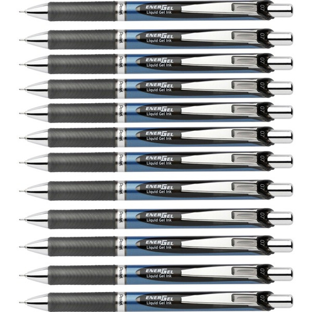 EnerGel EnerGel RTX Liquid Gel Pen - Medium Pen Point - 0.7 mm Pen Point Size - Needle Pen Point Style - Refillable - Retractable - Black Gel-based Ink - Black, Stainless Steel, Blue Barrel - Metal Tip - 1 Dozen