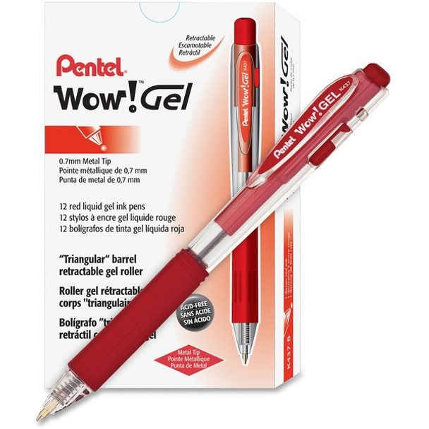 Pentel Wow! Gel Pens - Medium Pen Point - 0.7 mm Pen Point Size - Retractable - Red Gel-based Ink - Clear Barrel - 1 Dozen