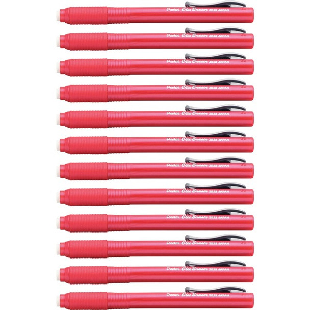 Pentel Rubber Grip Clic Eraser - Red - Pen - Refillable - 12 / Box - Retractable, Latex-free Grip, Pocket Clip, Ghost Resistant, Non-abrasive