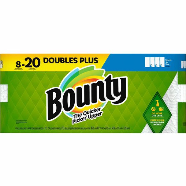 Bounty Select-A-Size Paper Towels - 8 Double Plus Rolls = 20 Regular - 2 Ply - 113 Sheets/Roll - White - Perforated, Absorbent, Durable - For Kitchen - 8 / Pack