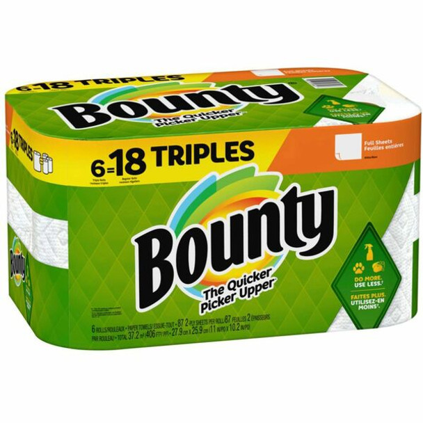 Bounty Full Sheet Paper Towels - 6 Triple Roll = 18 Regular - 2 Ply - 87 Sheets/Roll - White - Perforated, Absorbent, Durable - For Kitchen - 6 / Carton