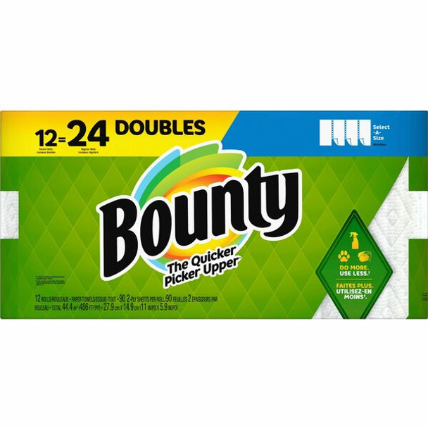 Bounty Select-A-Size Paper Towels - 12 Double Roll = 24 Regular - 2 Ply - 90 Sheets/Roll - White - Perforated, Absorbent, Durable, Thick, Quilted - For Kitchen - 12 / Carton