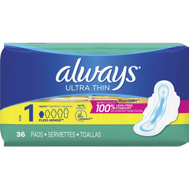 Always Ultra Thin Regular Pads with Wings - WithWings - 36/Pack - 6 / Carton - Absorbent, Anti-leak, Unscented, Comfortable