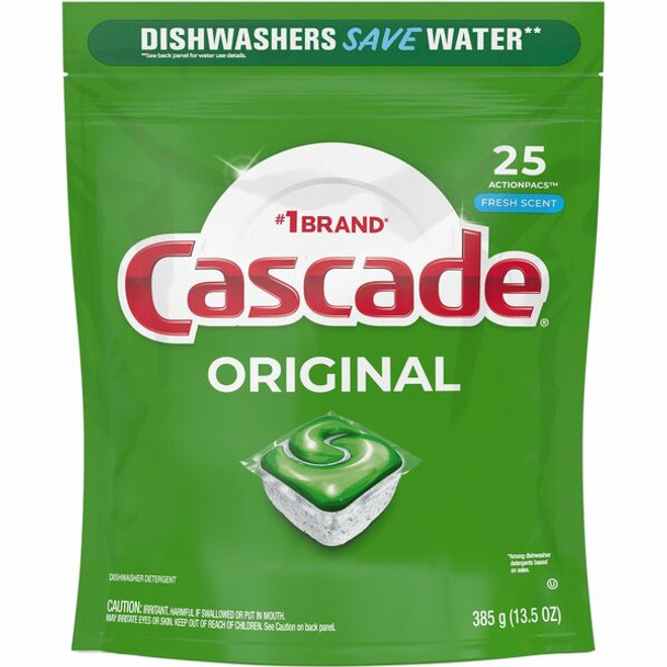 Cascade ActionPacs Original Dish Detergent - For Dishwasher - Fresh Scent - 25 / Pack - No-mess, Easy to Use, Phosphate-free - White, Green