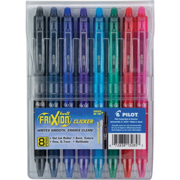 FriXion Erasable Gel Pen - Fine Pen Point - 0.7 mm Pen Point Size - Retractable - Pink, Red, Green, Turquoise, Blue, Purple, Navy, Black Water Based, Gel-based Ink - Translucent Barrel - 8 / Pack