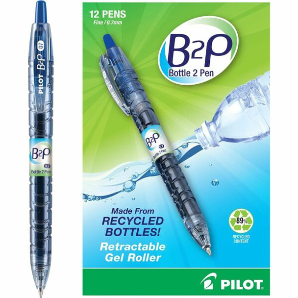 Pilot BeGreen B2P Fine Point Gel Pens - Fine Pen Point - 0.7 mm Pen Point Size - Refillable - Retractable - Blue Gel-based Ink - Plastic Barrel - 1 Dozen