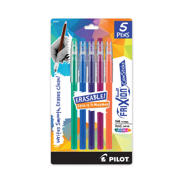 FriXion ColorSticks Erasable Gel Pen, Stick, Fine 0.7 mm, Assorted Ink and Barrel Colors, 5/Pack
