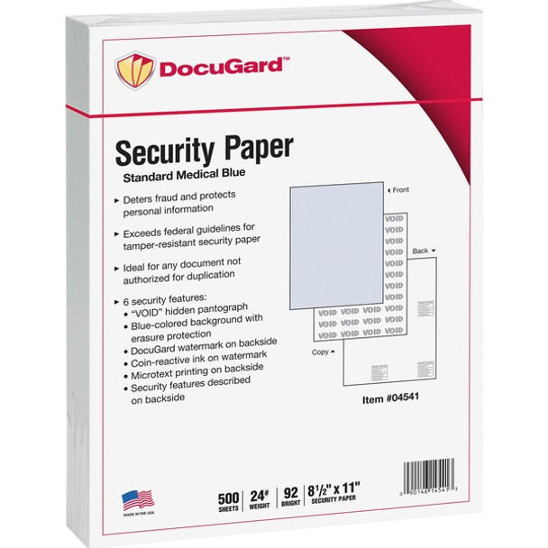 DocuGard Standard Medical Security Paper - Letter - 8 1/2" x 11" - 24 lb Basis Weight - 500 / Ream - Tamper Resistant, CMS Approved - Blue