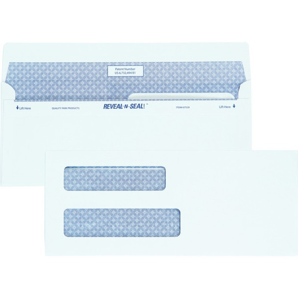 Quality Park No. 8 5/8 Double-Window Security Envelopes with Reveal-N-Seal&reg; Self-Seal Closure - Double Window - #8 5/8 - 3 5/8" Width x 8 5/8" Length - 24 lb - Self-sealing - 500 / Box - White