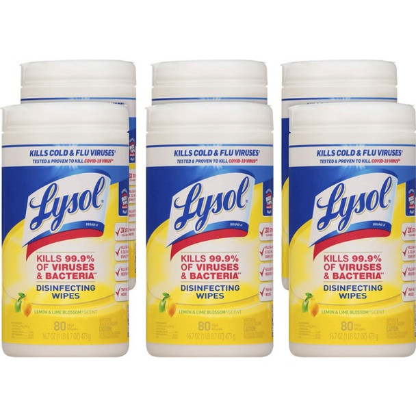 Lysol Disinfecting Wipes - Ready-To-Use - Lemon, Lime Blossom Scent - 7" Length x 7.25" Width - 80 / Canister - 6 / Carton - White