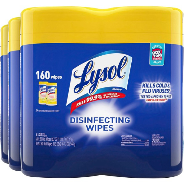 Lysol Disinfecting Wipes - Lemon Lime Scent - 80 / Canister - 6 / Carton - White