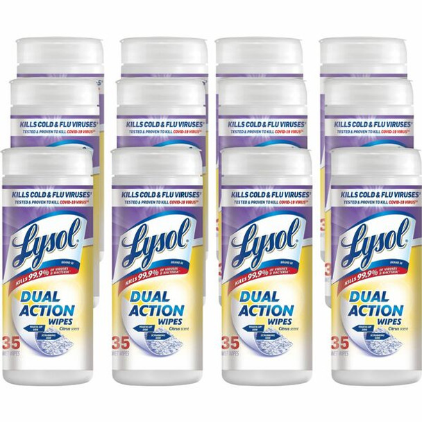 Lysol Dual Action Wipes - For Multi Surface - Citrus Scent - 35 / Canister - 12 / Carton - White/Purple