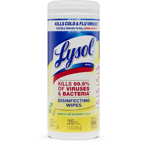 Lysol Lemon/Lime Disinfect Wipes - For Kitchen, Toilet, Sink, Tub, Floor, Cabinet, Stove Top, Wood - Lemon & Lime Blossom Scent - 7" Length x 7.25" Width - 35 / Canister - 1 Each - Pre-moistened, Anti-bacterial, Disinfectant - White