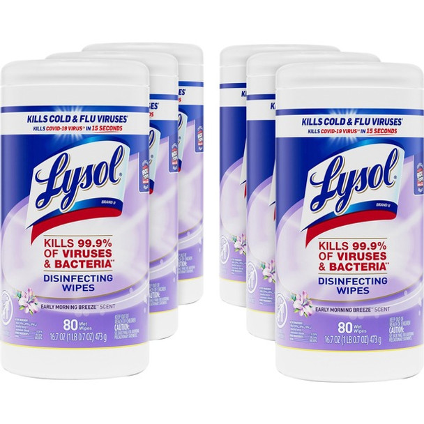 Lysol Early Morning Breeze Disinfecting Wipes - For Multipurpose, Multi Surface - Early Morning Breeze Scent - 80 / Canister - 6 / Carton - Disinfectant, Pre-moistened, Anti-bacterial - White