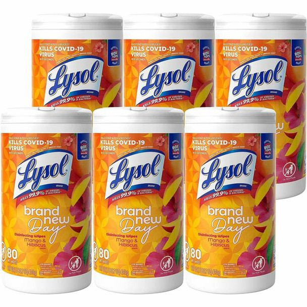 Lysol Brand New Day Disinfecting Wipes - Mango Scent - 80 / Canister - 6 / Carton - White