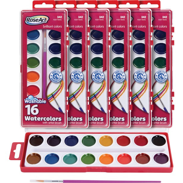 RoseArt 16-Color Washable Watercolors with Brush - Vibrant Paint Colors - One Paint Brush Included - Certified Non Toxic
