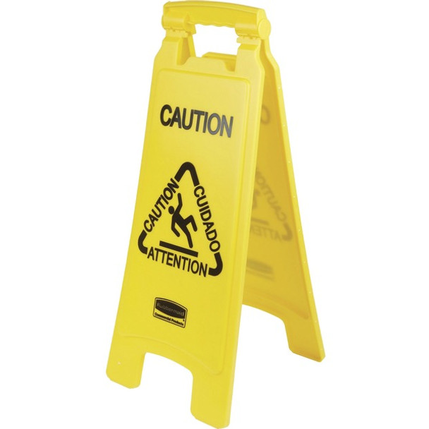 Rubbermaid Commercial Multi-Lingual Caution Floor Sign - 1 Each - English, Spanish, French, German - CAUTION Print/Message - 11" Width x 25" Height x 26" Depth - Rectangular Shape - Foldable, Lightweight, Durable, Multilingual - Plastic - Yellow