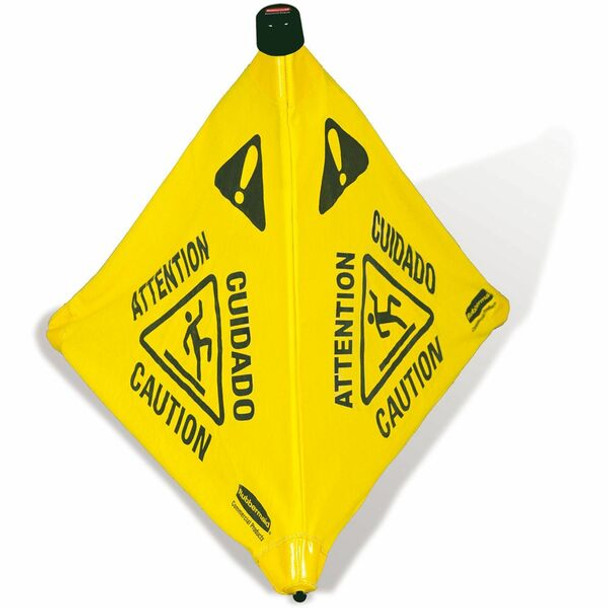 Rubbermaid Commercial 30" Pop-Up Caution Safety Cone - 1 Each - Caution, Attention, Cuidado Print/Message - 21" Width x 30" Height x 21" Depth - Wall Mountable - Durable, Multilingual, Three-sided, Foldable - Yellow
