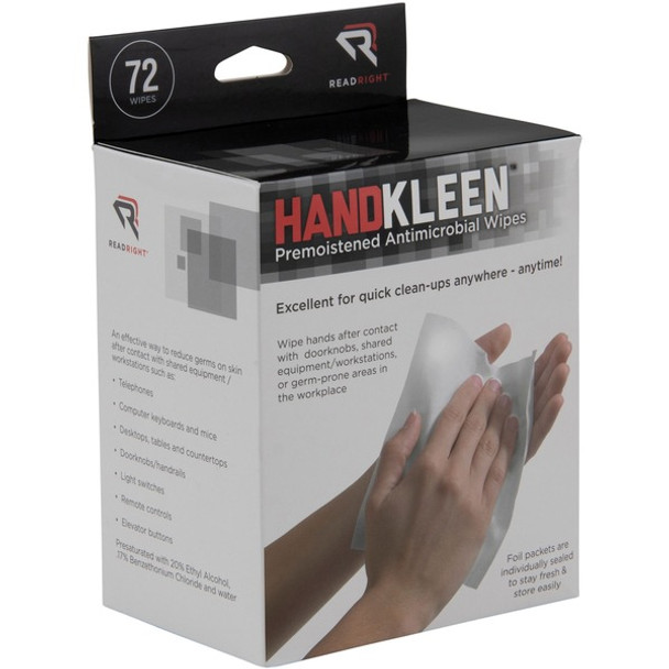 Read Right Handkleen Wipes - 5" x 7" - White - Anti-bacterial, Pre-moistened, Antimicrobial - For Multipurpose - 72 / Box