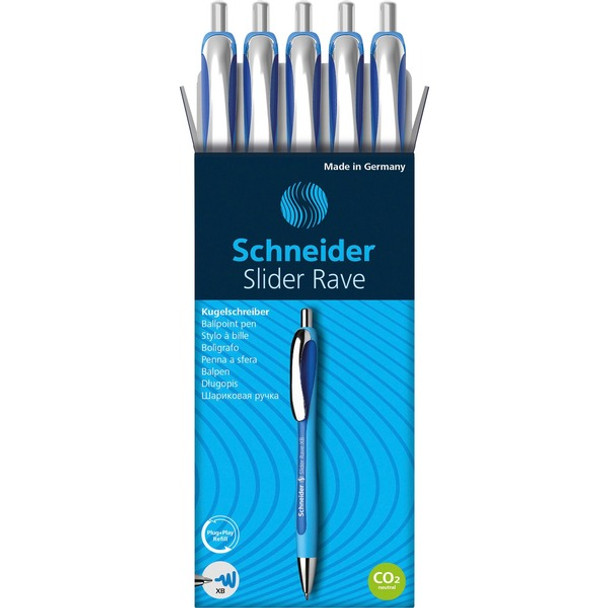 Schneider Slider Rave XB Ballpoint Pen - Extra Broad Pen Point - 1.4 mm Pen Point Size - Retractable - Blue - Blue Rubberized, Light Blue Barrel - Stainless Steel Tip - 5 / Pack