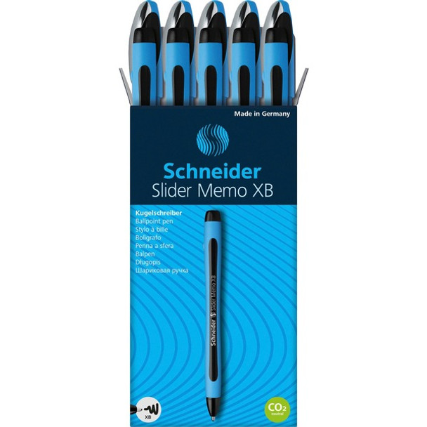 Schneider Slider Memo XB Ballpoint Pen - Extra Broad Pen Point - 1.4 mm Pen Point Size - Black - Black Rubberized, Light Blue Barrel - Stainless Steel Tip - 10 / Pack