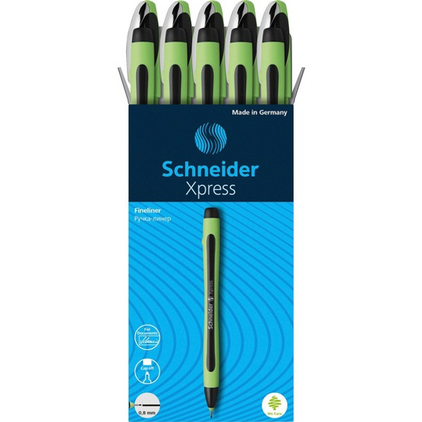 Schneider Xpress Fineliner Pen - Medium Pen Point - 0.8 mm Pen Point Size - Black - Black Rubberized, Green Barrel - Stainless Steel Tip - 10 / Pack