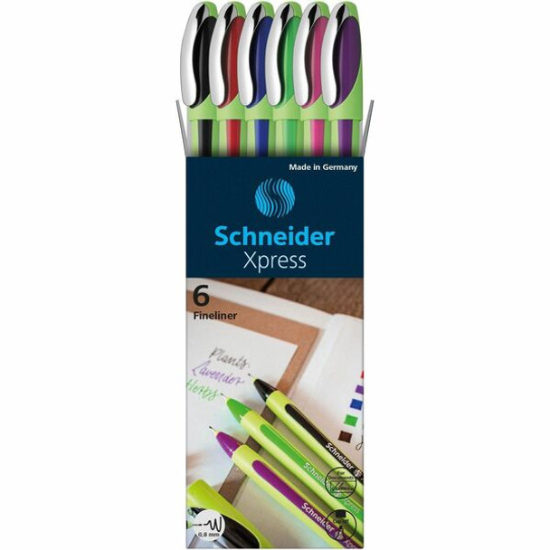 Schneider Xpress Fineliner Pen - Fine Pen Point - 0.8 mm Pen Point Size - Assorted - Rubberized Barrel - Fiber Tip - 6 / Pack