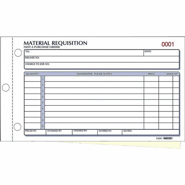 Rediform Material Requisition Purchasing Forms - 50 Sheet(s) - 2 PartCarbonless Copy - 7.87" x 4.25" Sheet Size - White, Yellow - Black Print Color - 1 Each