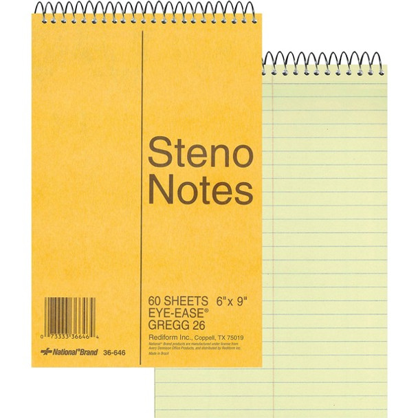 Rediform Wirebound Steno Notebook - 60 Sheets - Wire Bound - Light Blue Margin - 16 lb Basis Weight - 6" x 9" - Green Paper - Brown Cover - Unpunched, Subject - 1 Each
