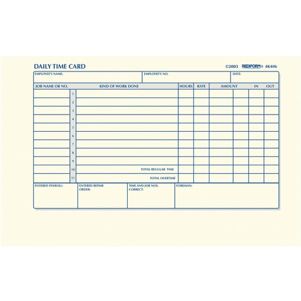 Rediform Daily Time Clock Cards - 100 Sheet(s) - Gummed - 1 Part - 4.25" x 7" Sheet Size - White - Manila Sheet(s) - 1 / Pad