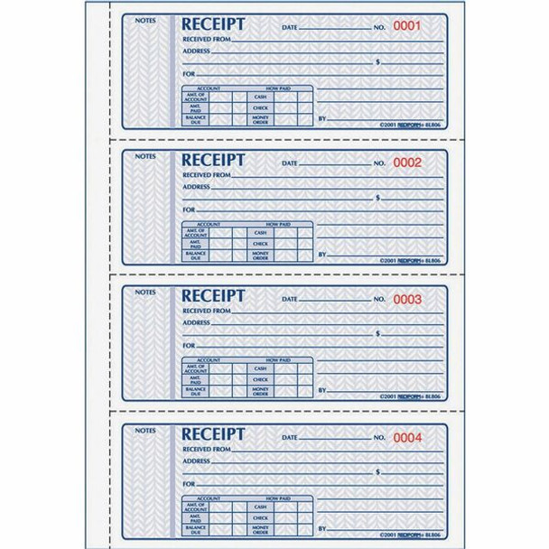 Rediform Receipt Money Collection Forms - 200 Sheet(s) - Book Bound - 2 PartCarbonless Copy - 7" x 2.75" Sheet Size - Assorted Sheet(s) - 1 Each