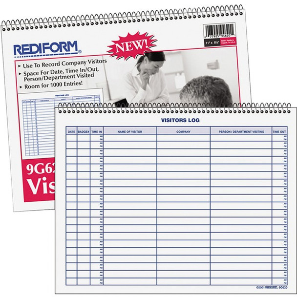 Rediform Visitor's Log Book - 50 Sheet(s) - Wire Bound - 1 Part - 11" x 8.50" Sheet Size - White - White Sheet(s) - Blue Print Color - Recycled - 1 Each