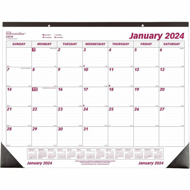 Brownline Professional Monthly Desk/Wall Calendar - Julian Dates - Monthly - 1 Year - January 2024 - December 2024 - 1 Month Single Page Layout - 22" x 17" Sheet Size - Desk Pad - White - Paper - Eyelet, Tear-off, Reinforced - 1 Each